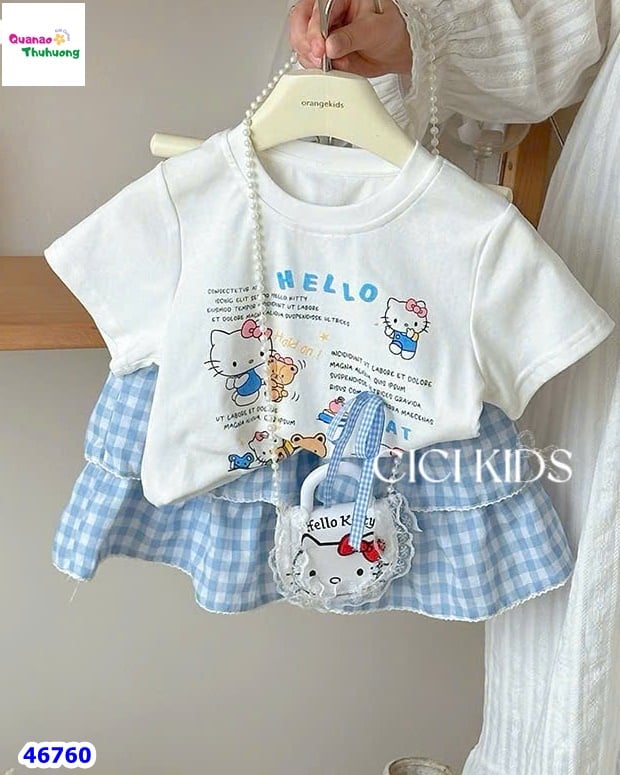 Set Cici trắng Kitty, chân váy xanh