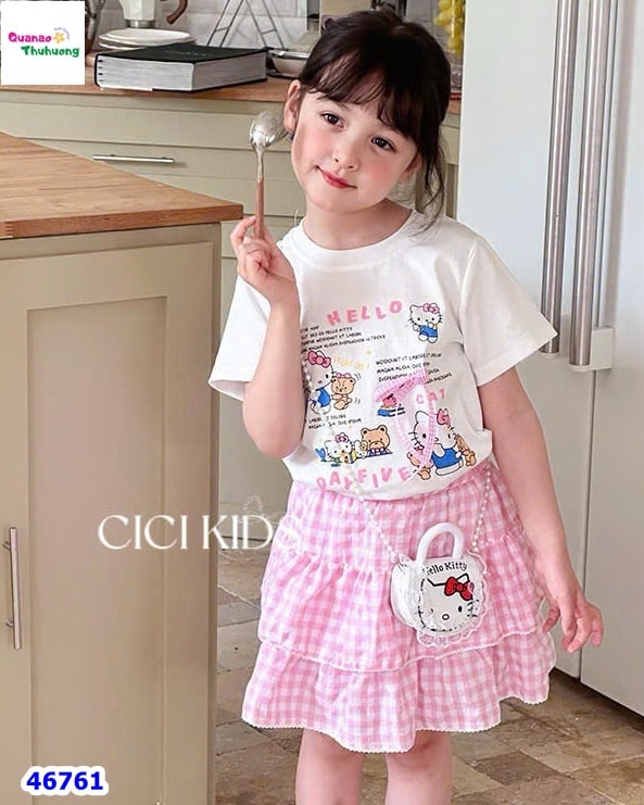 Set Cici trắng Kitty, chân váy hồng