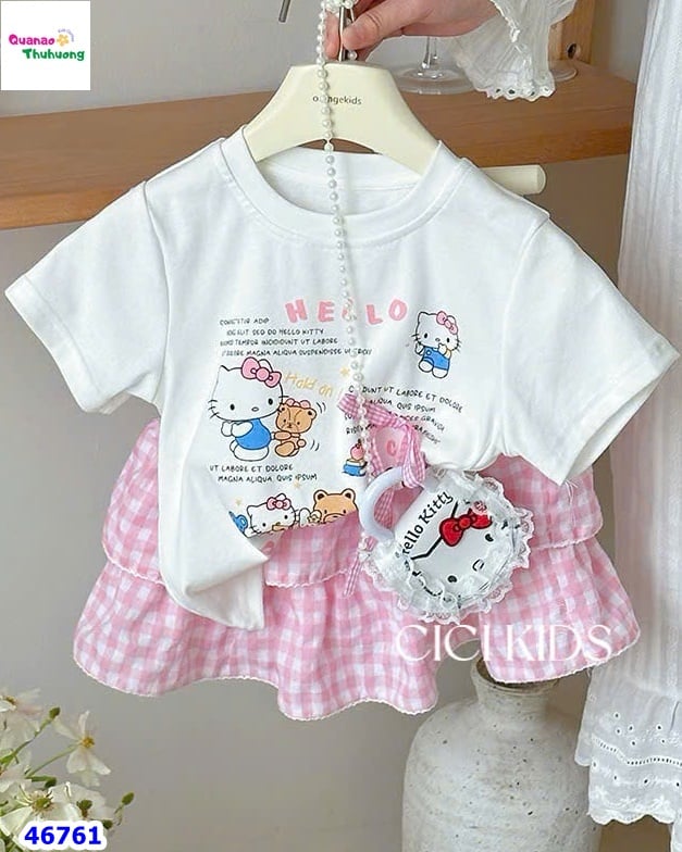 Set Cici trắng Kitty, chân váy hồng
