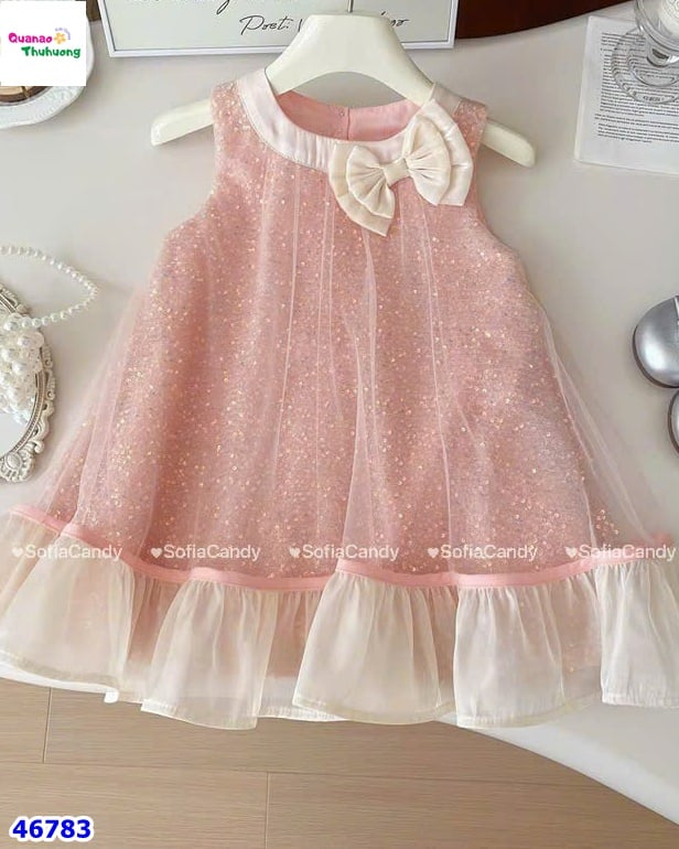 Đầm Sofia hồng kim tuyến đính nơ