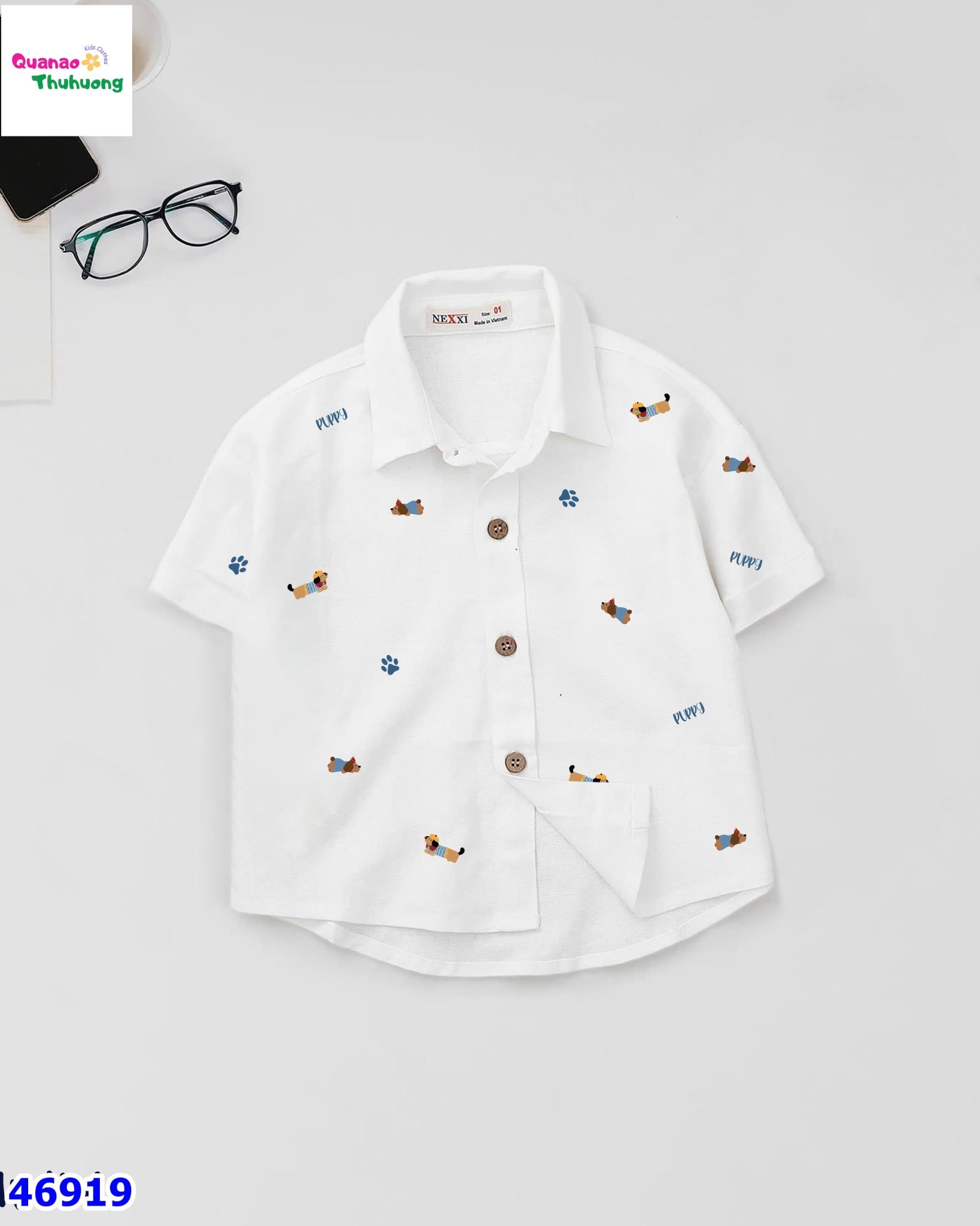Áo sơ mi Win trắng cún