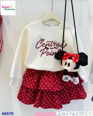 Set áo hoodie kem, cv đỏ chấm bi (Tặng Mickey)