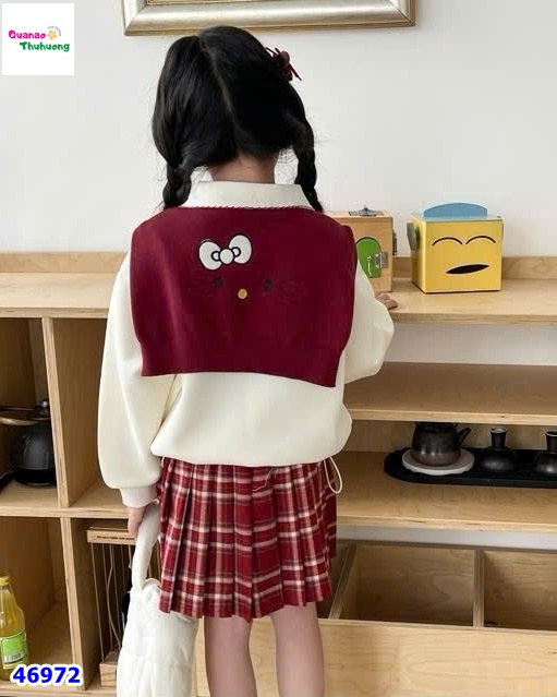 Set áo polo kem Kitty, cv caro đỏ