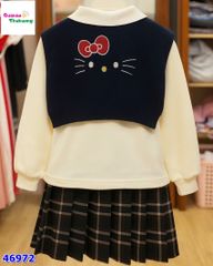 Set áo polo kem Kitty, chân váy caro xanh