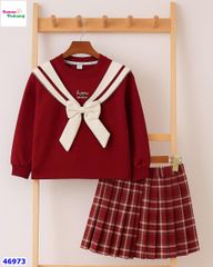 Set áo hoodie đỏ đính nơ kem