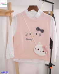 Set 3: sơ mi, chân váy xám, gile hồng Kitty (tặng túi đeo)