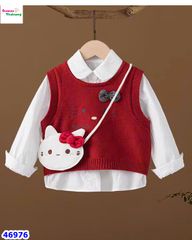 Set 3: sơ mi, chân váy xám, gile đỏ Kitty (tặng túi đeo)