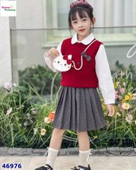 Set 3: sơ mi, chân váy xám, gile đỏ Kitty (tặng túi đeo)