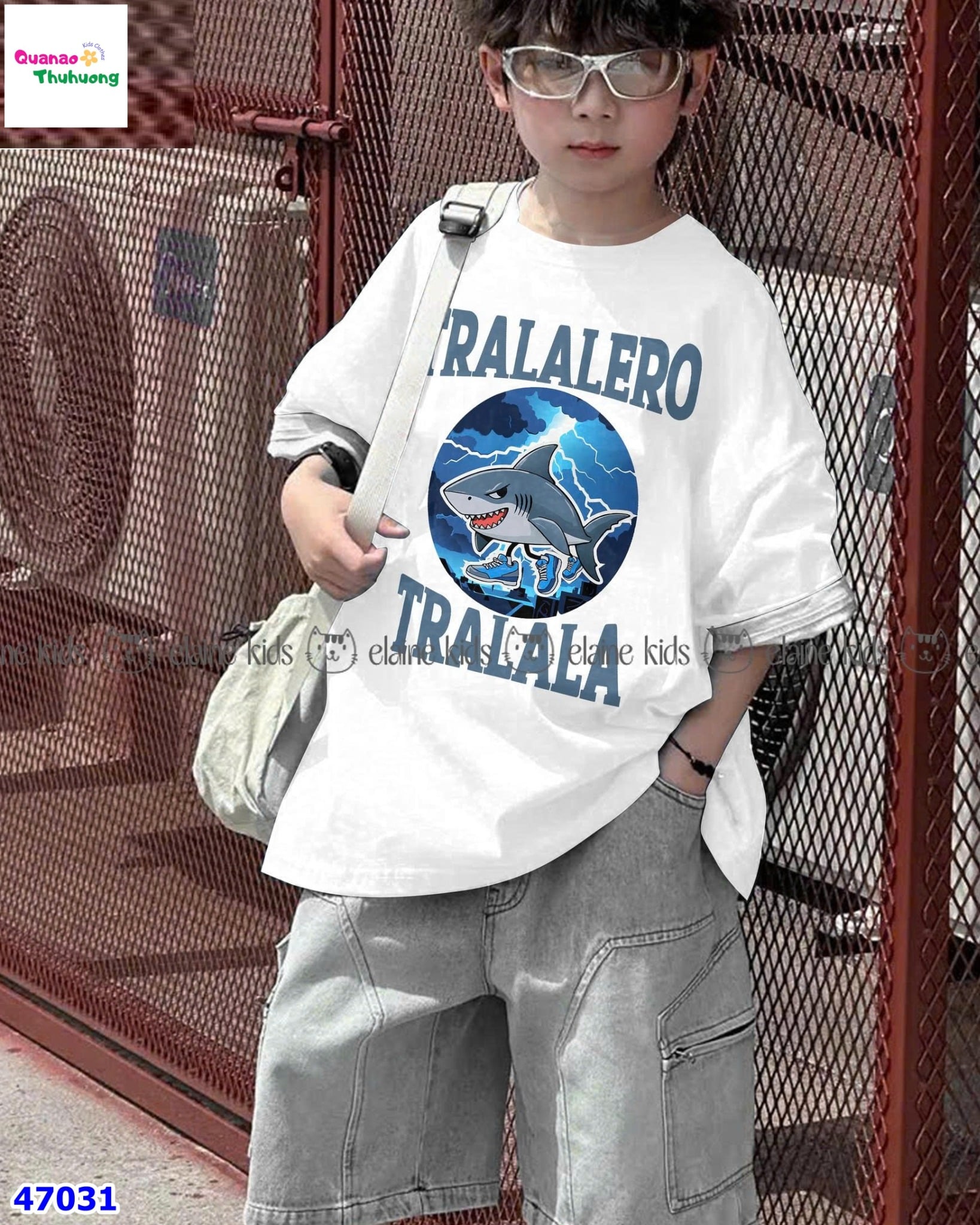 Set Elaine trắng Tralalero, quần jean xanh