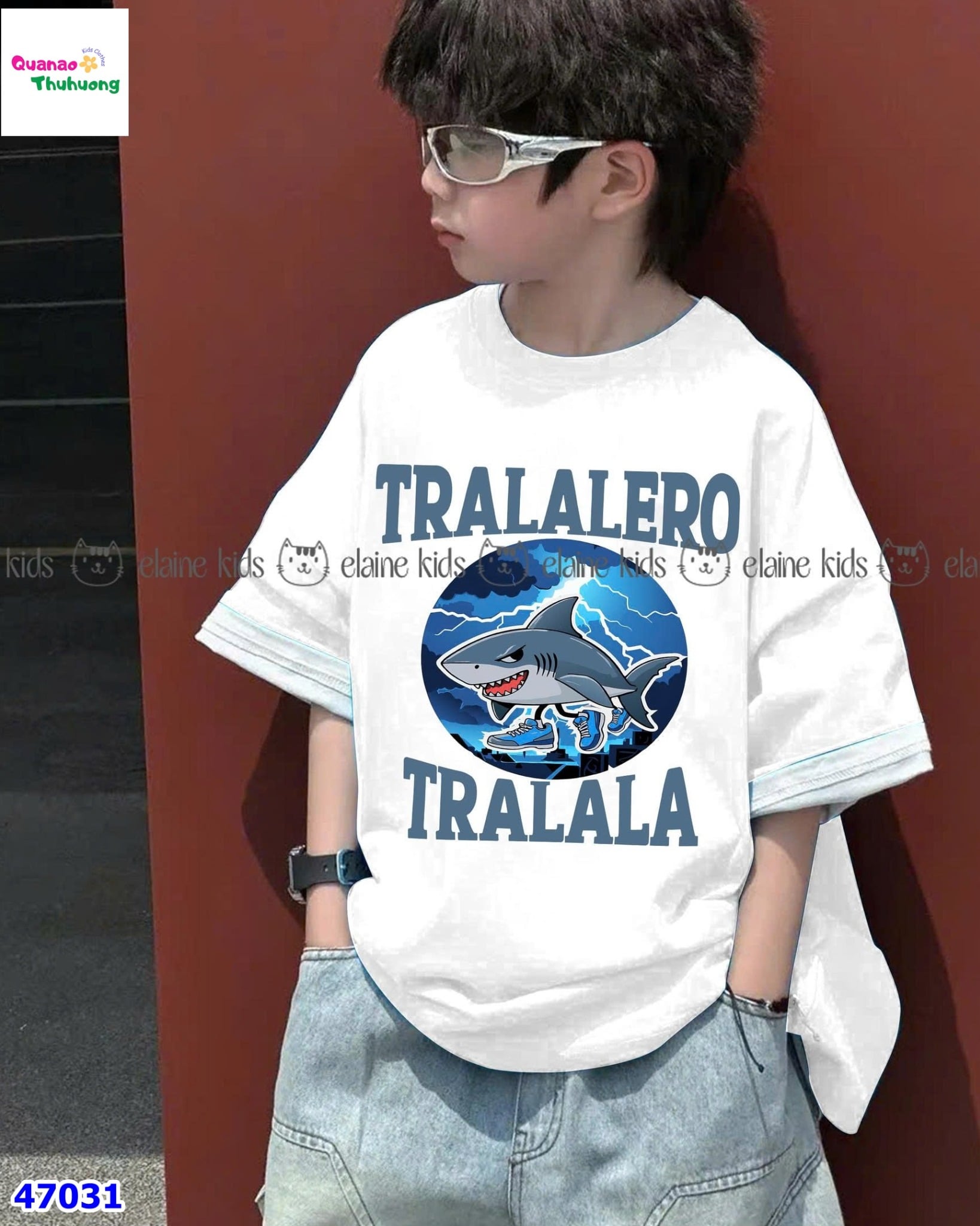 Set Elaine trắng Tralalero, quần jean xanh