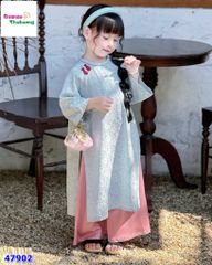 Áo dài Tết Babies Mo xanh hoa đỏ