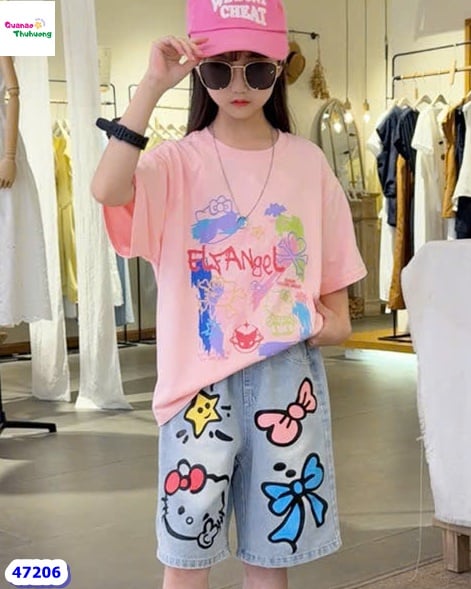 Set áo hồng Kitty, short jean