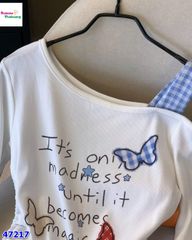 Áo lệch vai trắng bướm caro xanh