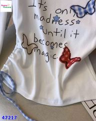 Áo lệch vai trắng bướm caro xanh