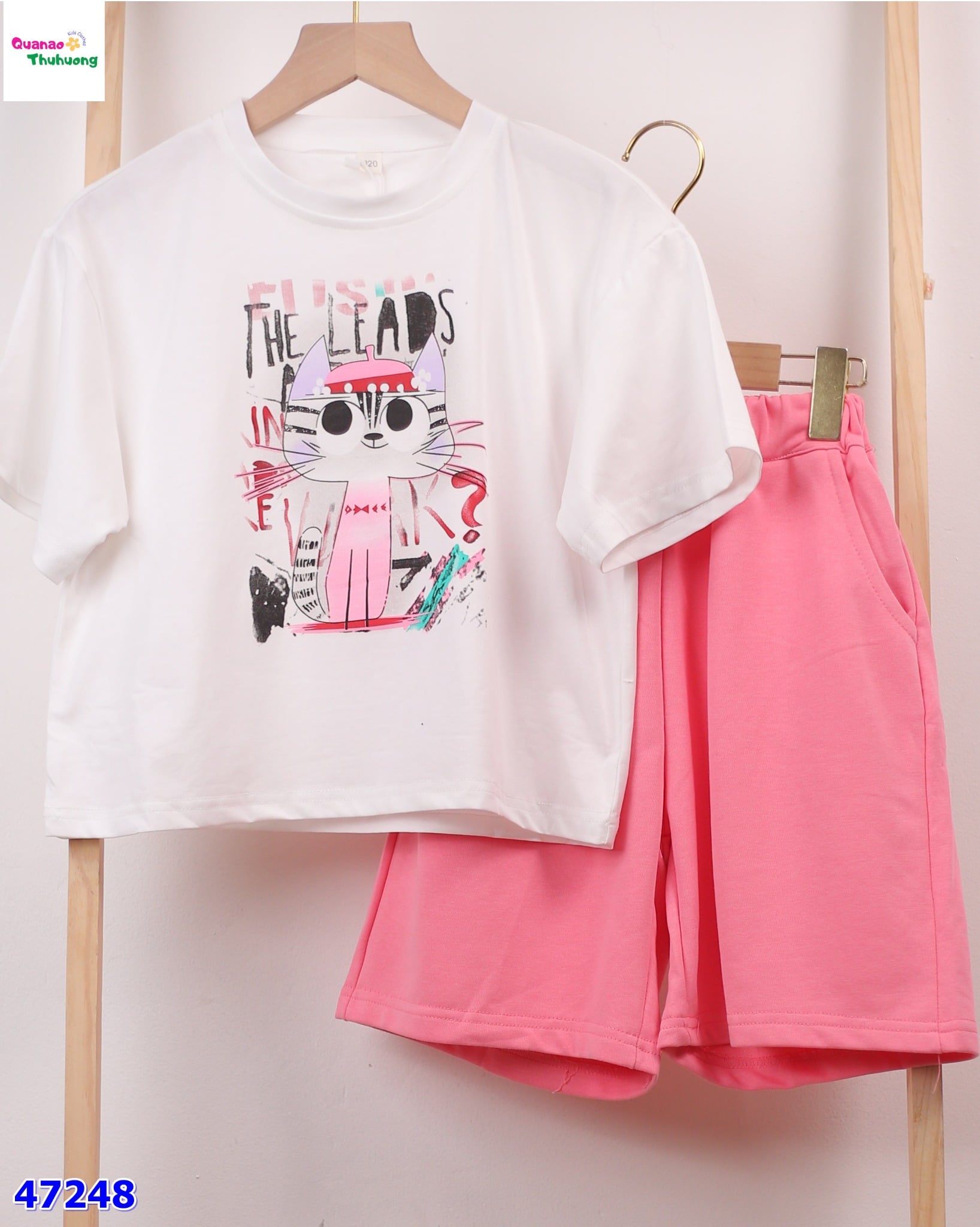 Set áo trắng mèo, quần hồng