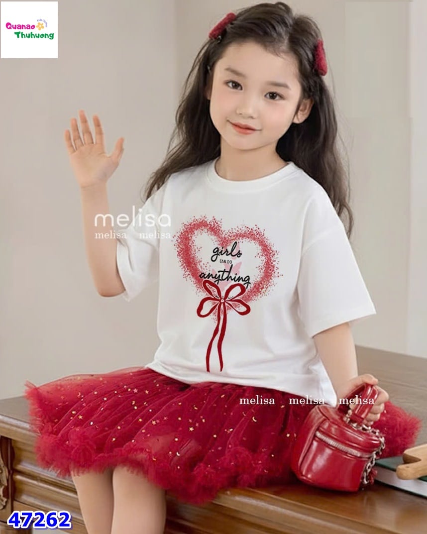 Set Melisa trắng trái tim , chân váy đỏ