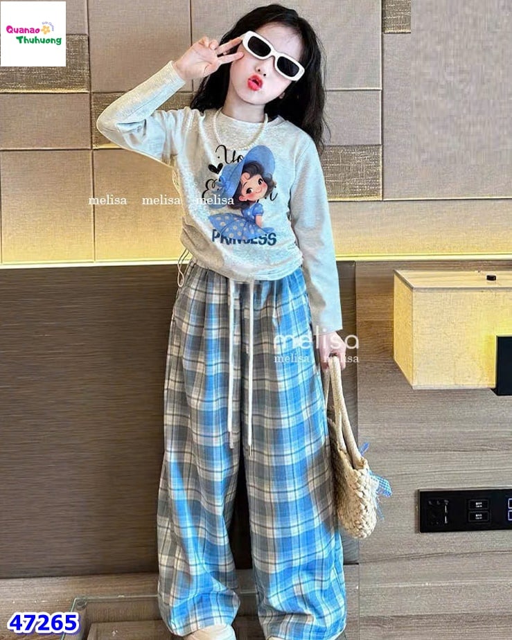 Set Melisa xám cô gái, quần caro xanh