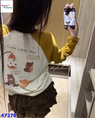 Áo thun kem tay vàng thêu gấu