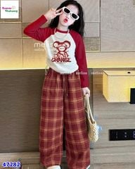 Set Melisa đỏ in gấu, quần caro đỏ