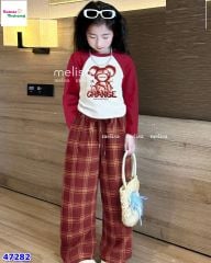 Set Melisa đỏ in gấu, quần caro đỏ