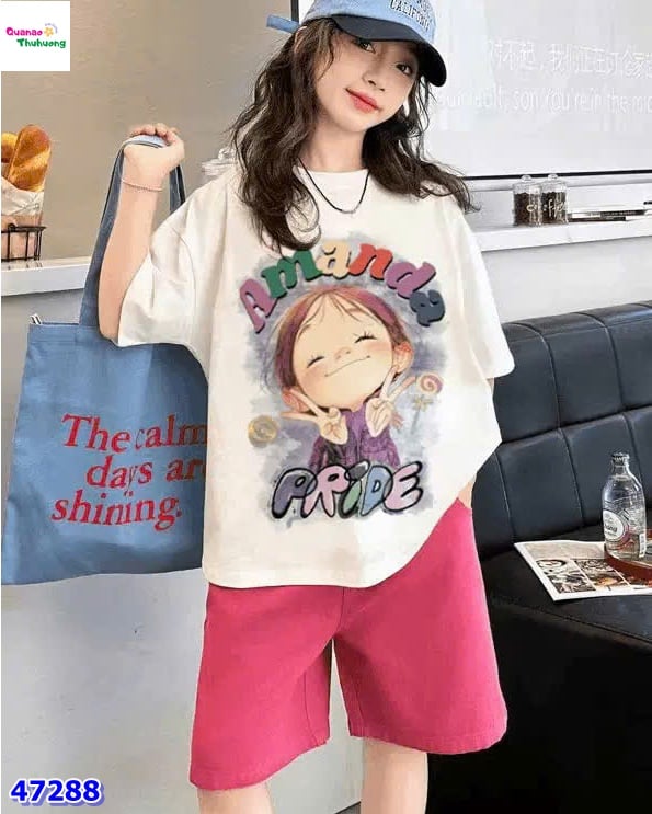 Set Jinbang trắng cô gái, quần short hồng