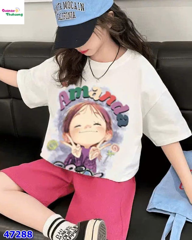 Set Jinbang trắng cô gái, quần short hồng