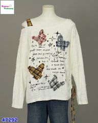 Áo lệch vai trắng bướm caro đỏ