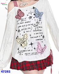 Áo lệch vai trắng bướm caro đỏ