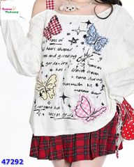 Áo lệch vai trắng bướm caro đỏ