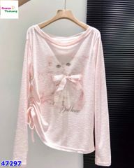 Áo thun dài tay hồng in mèo