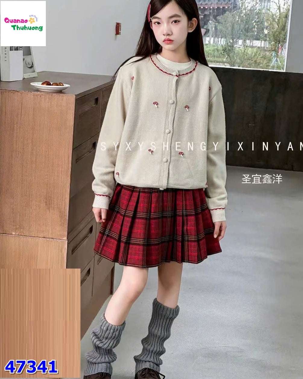 Set 3 món Áo len kem nấm + chân váy caro đỏ