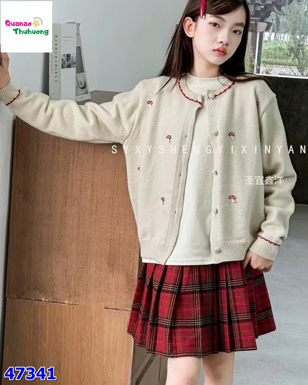 Set 3 món Áo len kem nấm + chân váy caro đỏ