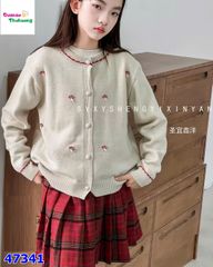 Set 3 món Áo len kem nấm + chân váy caro đỏ