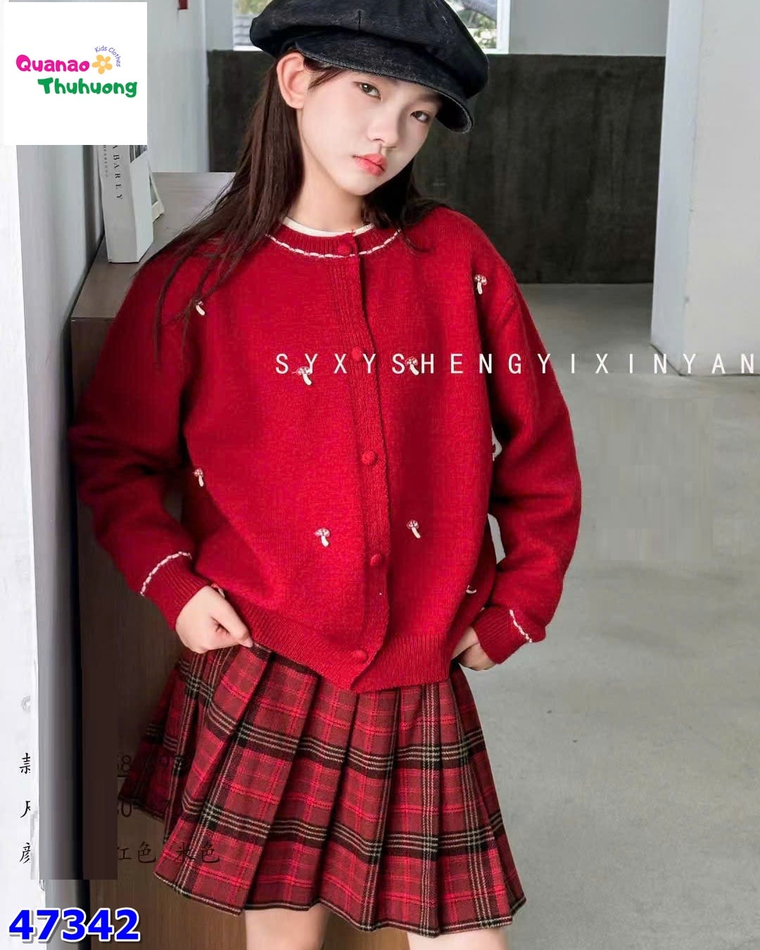 Set 3 món Áo len đỏ nấm + chân váy caro đỏ