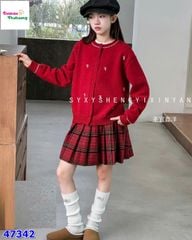 Set 3 món Áo len đỏ nấm + chân váy caro đỏ