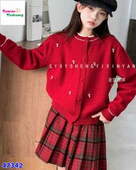 Set 3 món Áo len đỏ nấm + chân váy caro đỏ