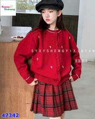 Set 3 món Áo len đỏ nấm + chân váy caro đỏ