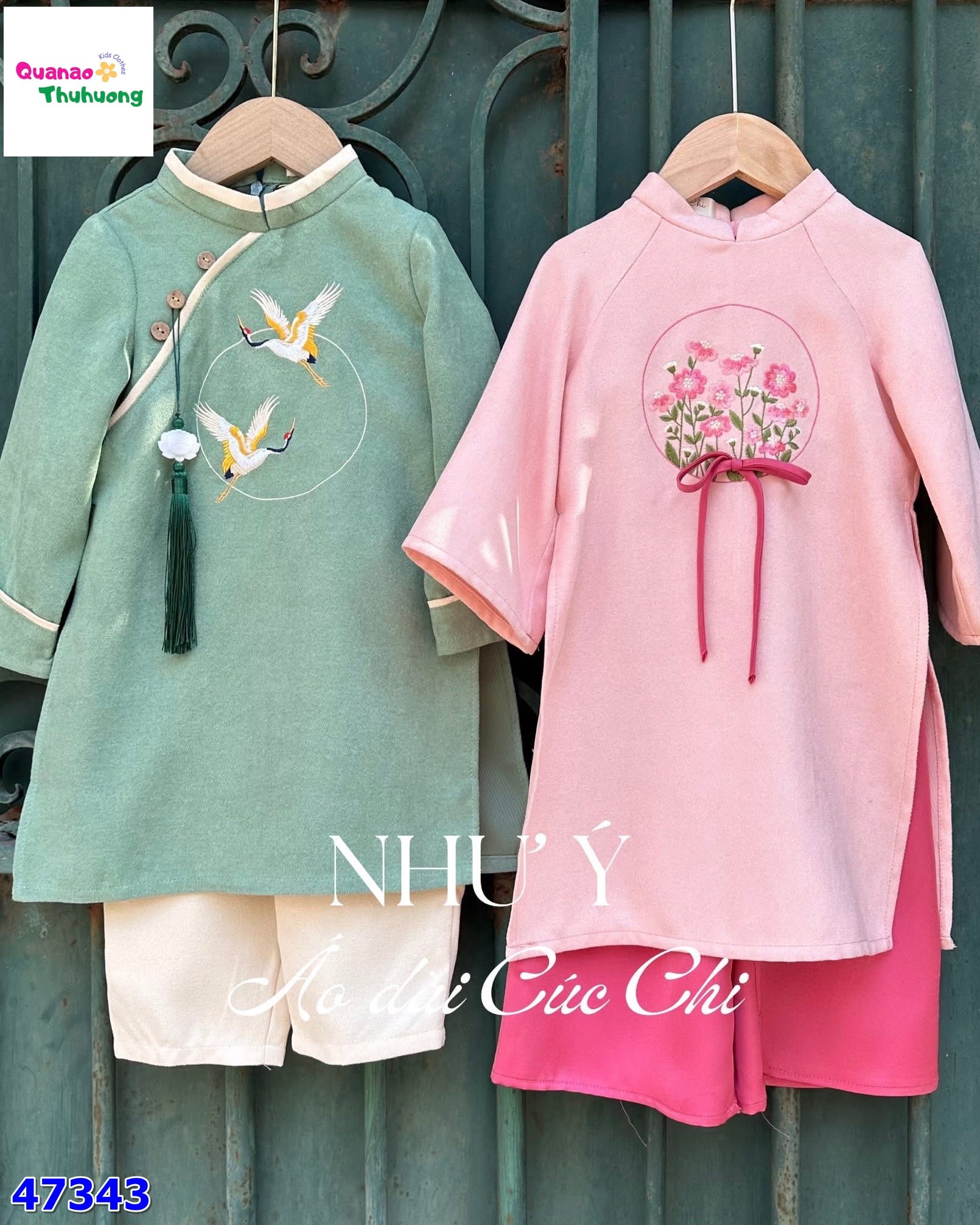 Áo dài Cúc Chi xanh thêu hạc Như Ý