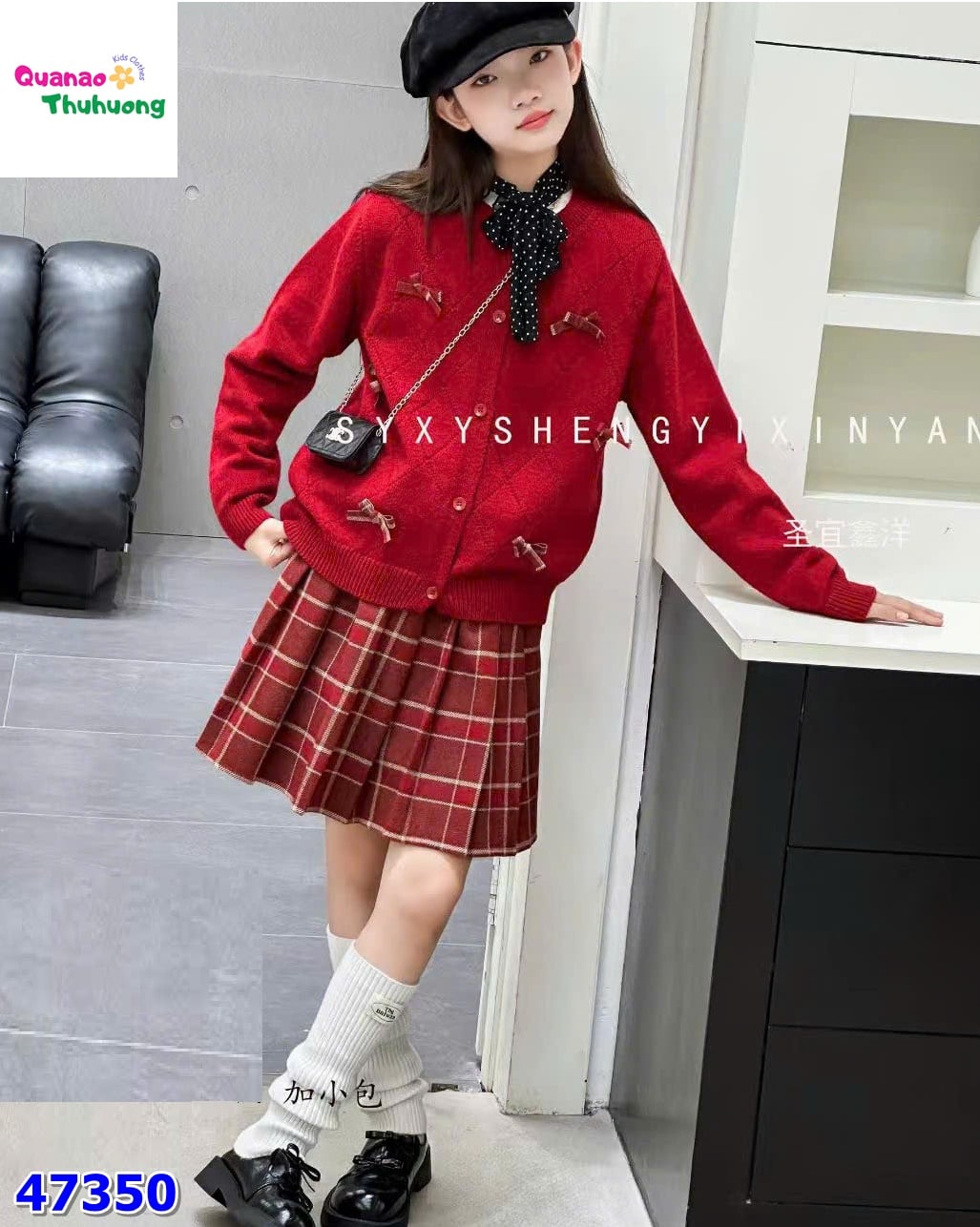 Set 3CT Áo len đỏ dính nơ (tặng túi đeo)