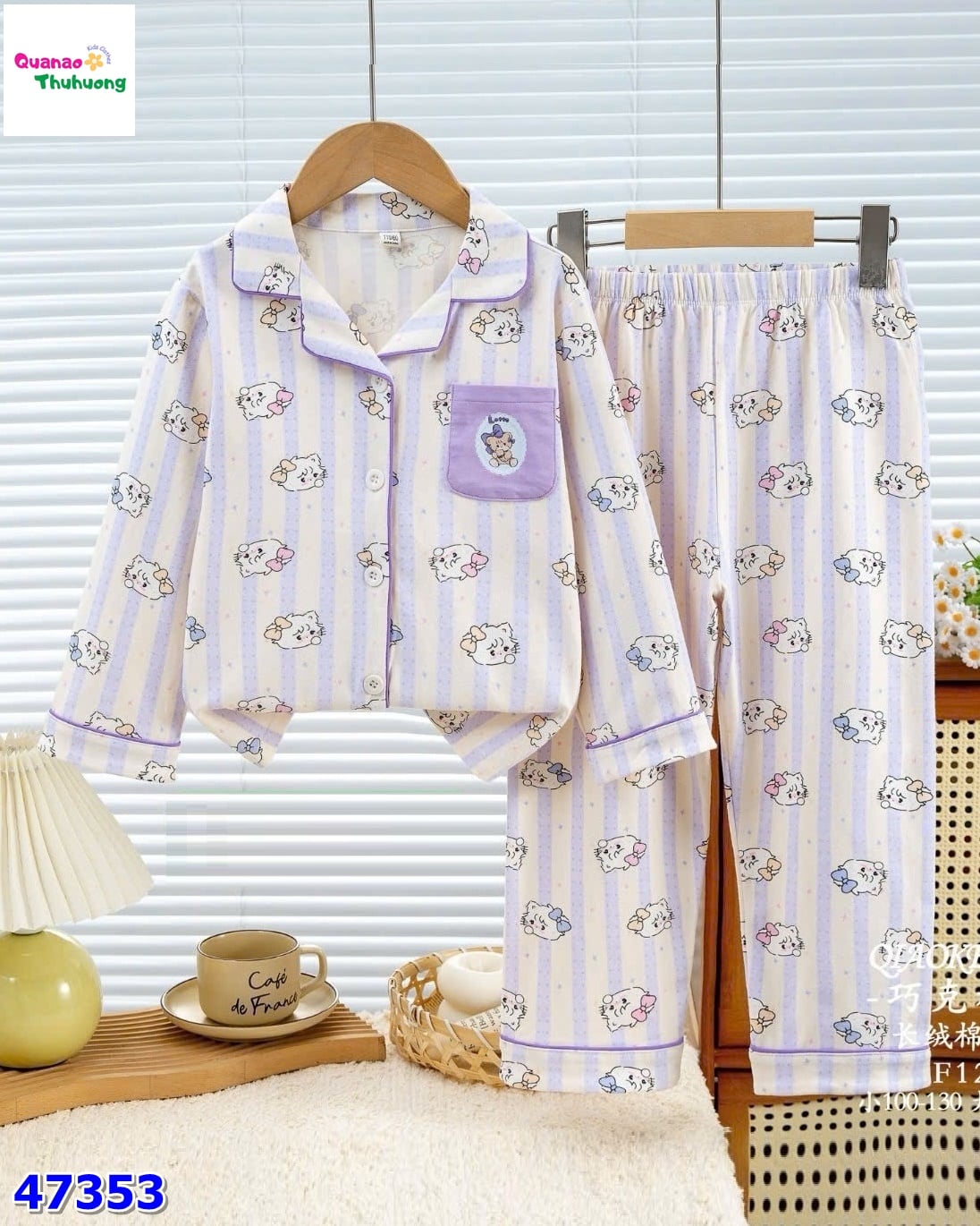 Pyjama kem sọc tím mèo