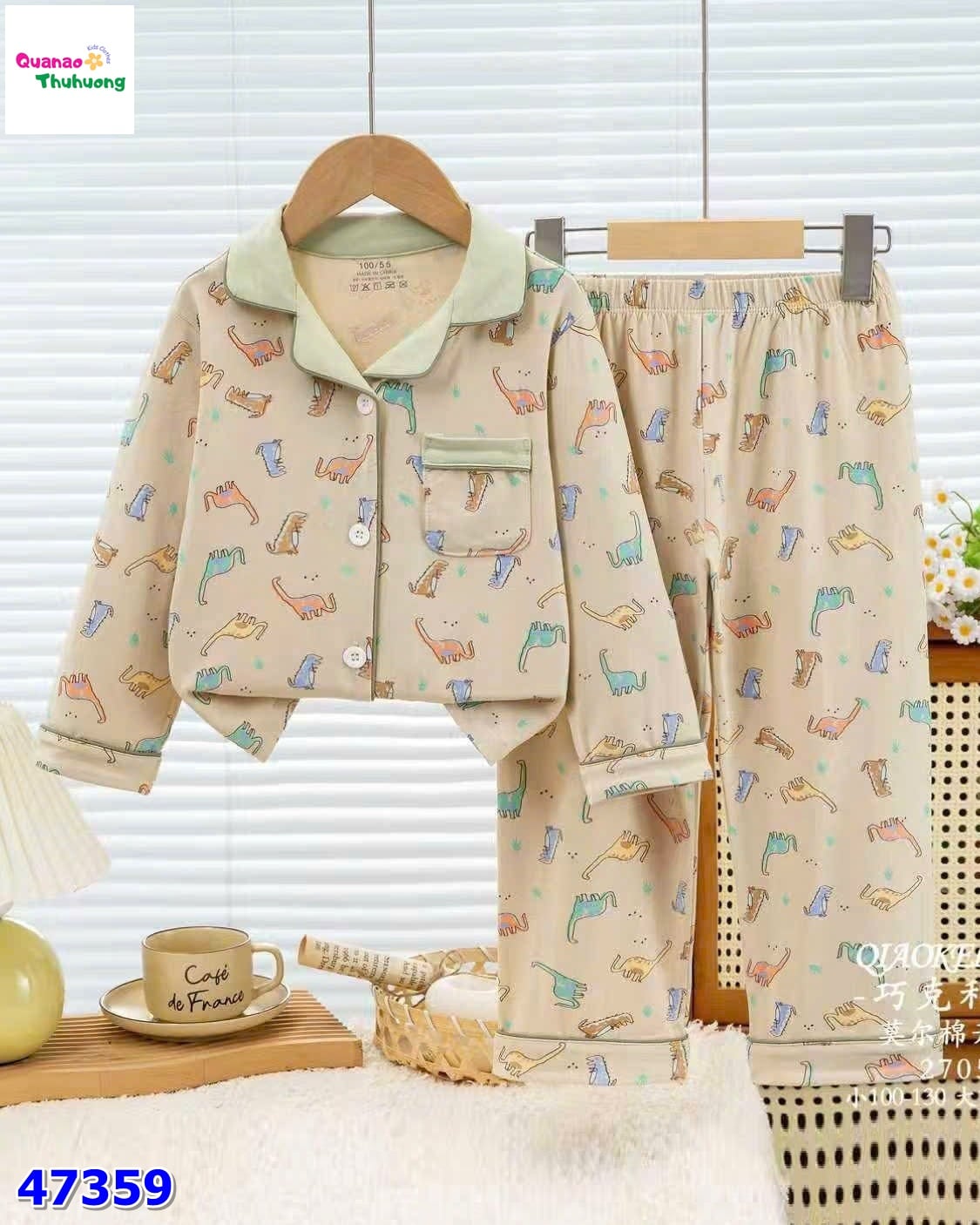Pyjama kem khủng long viền xanh