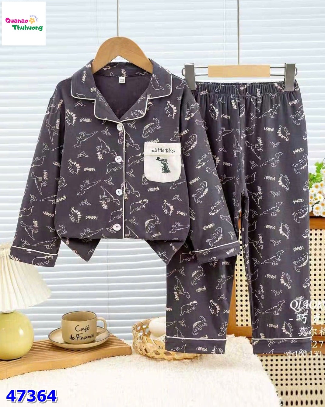 Pyjama xám đậm khủng long