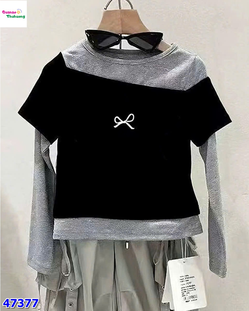 Áo dài tay đen xám nơ