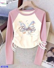 Áo dài tay hồng kem bướm