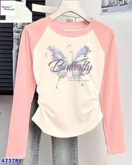 Áo dài tay hồng kem bướm