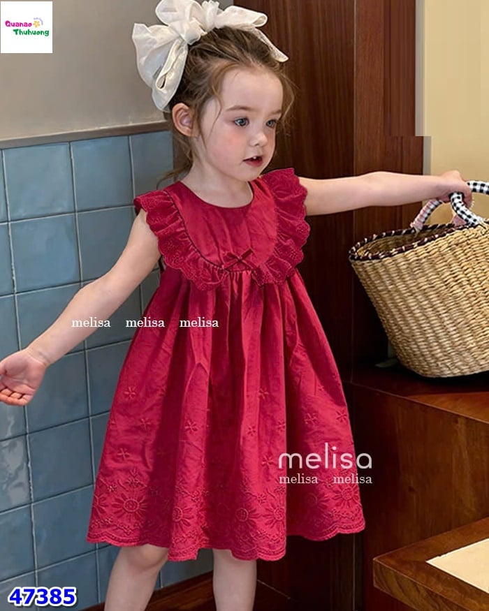 Đầm MLS đỏ viền ren đính nơ