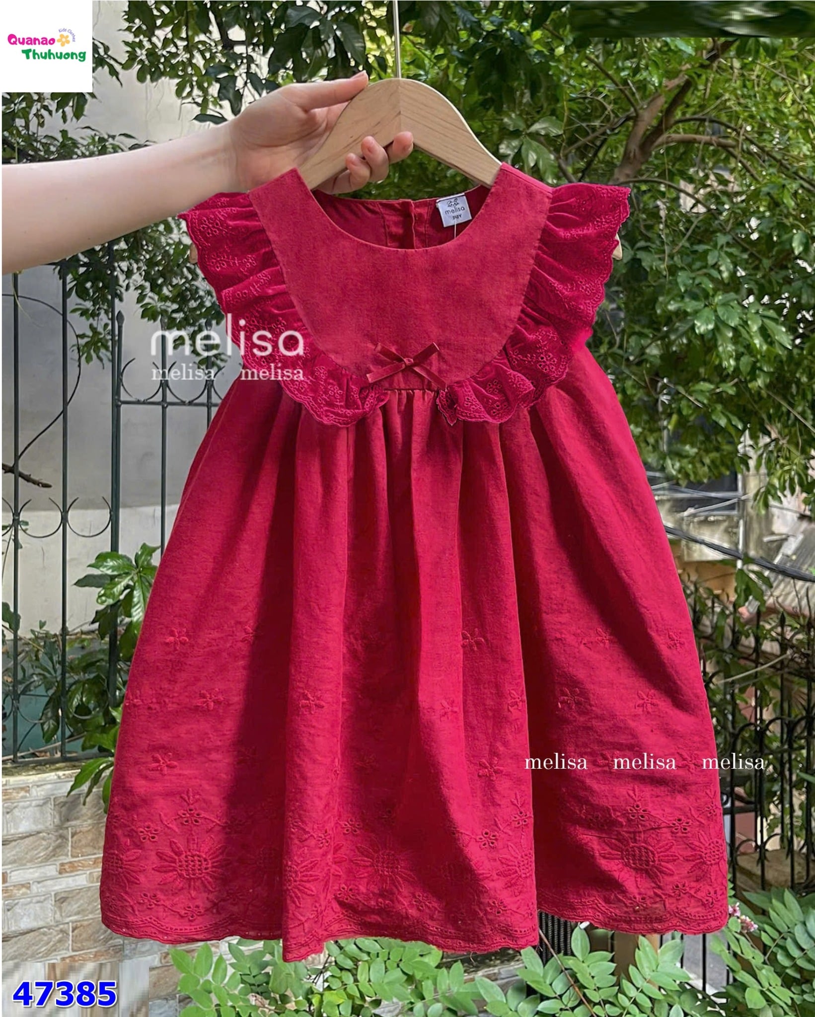 Đầm MLS đỏ viền ren đính nơ