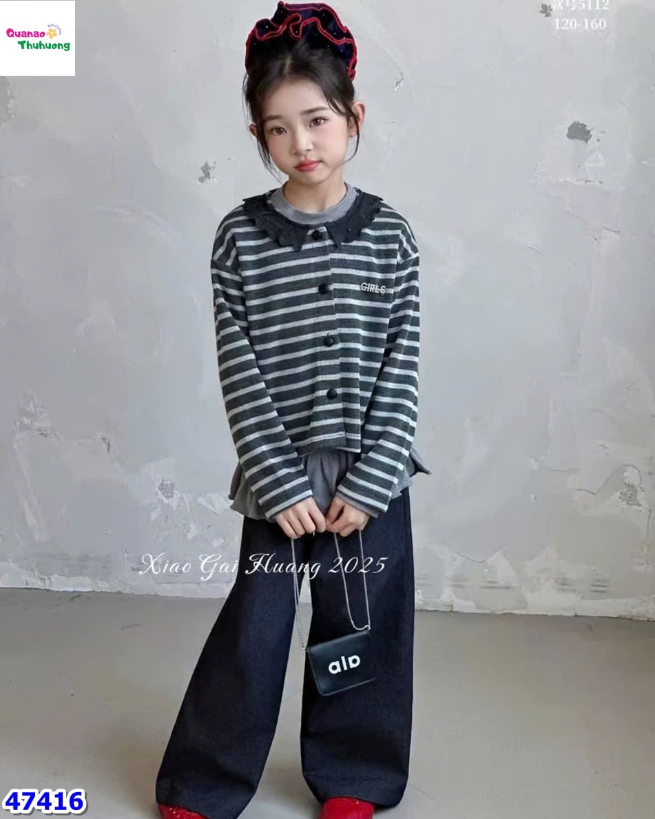 Set 3 món: Cadigan sọc xám, quần xanh