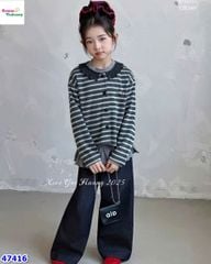 Set 3 món: Cadigan sọc xám, quần xanh