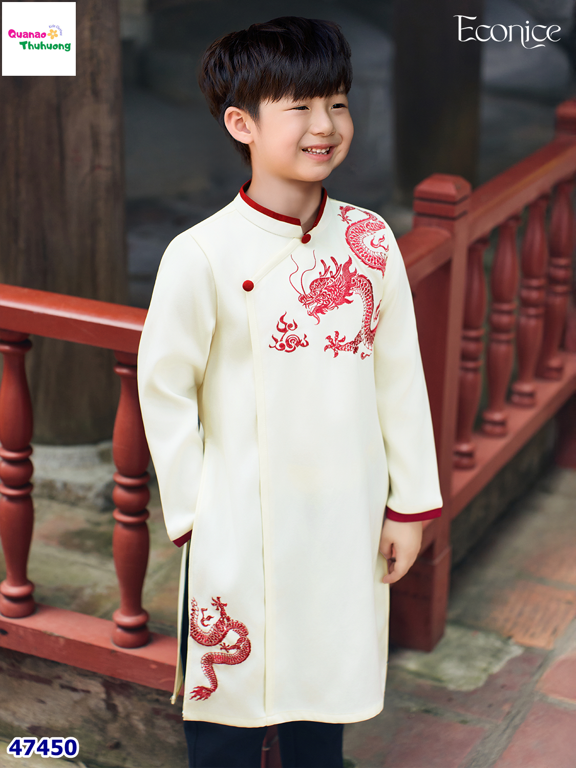 Áo dài Econice trắng rồng Thiên Long